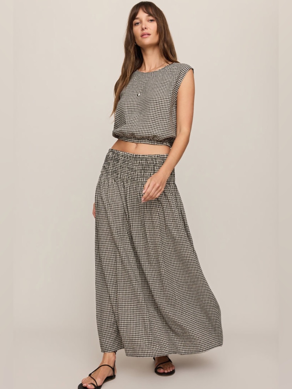 Z Supply BROOKE GINGHAM LINEN MAXI SKIRT Sz Medium Black / tan Cottagecore